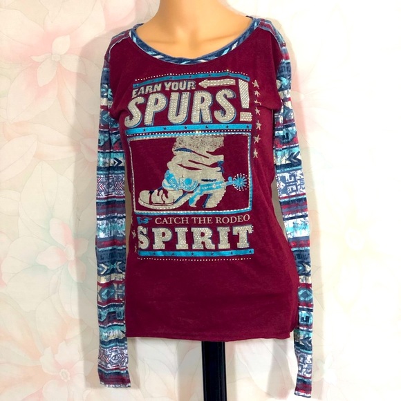 Panhandle Western Wear Tops - PANHANDLE “Earn Your Spurs” Rodeo Graphic Top S